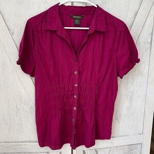 Eddie Bauer Smocked Top Women’s Large Button Up Burgundy